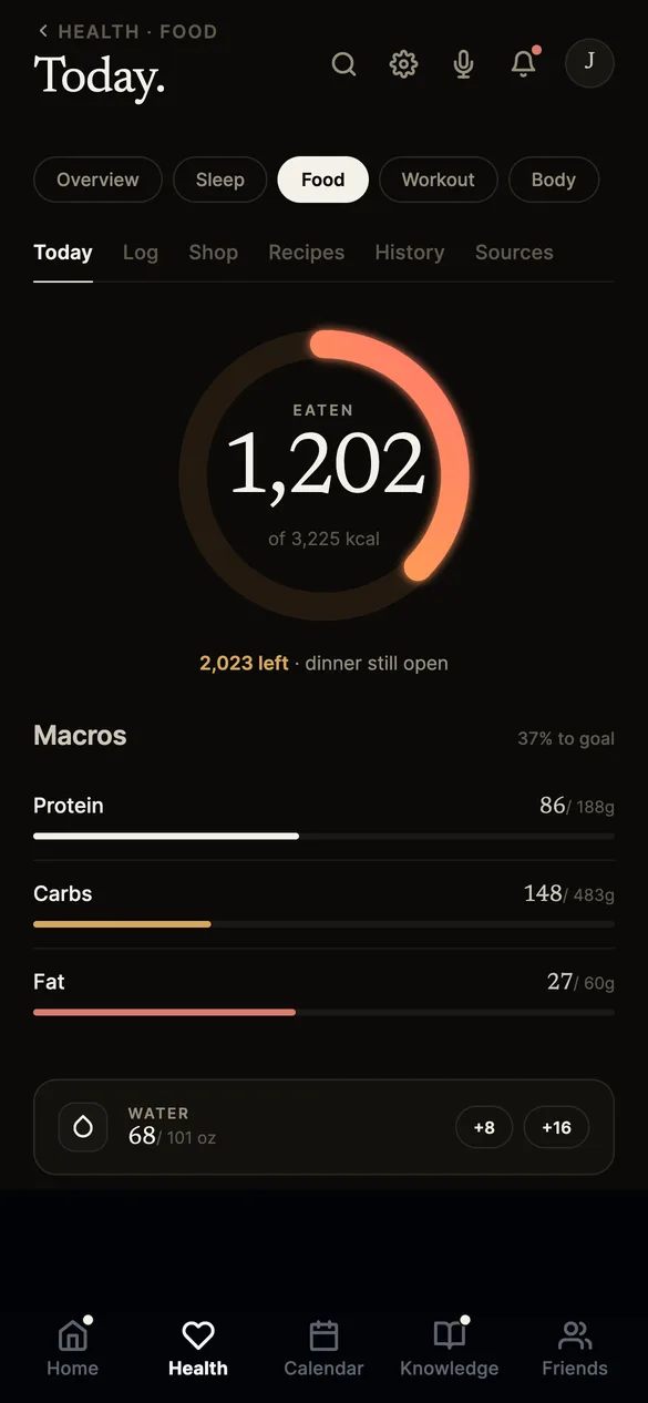 Food screen at midday: 1,202 of 3,225 calories eaten with dinner still open, macro bars for protein, carbs, and fat, and a water tracker at 68 of 101 ounces.