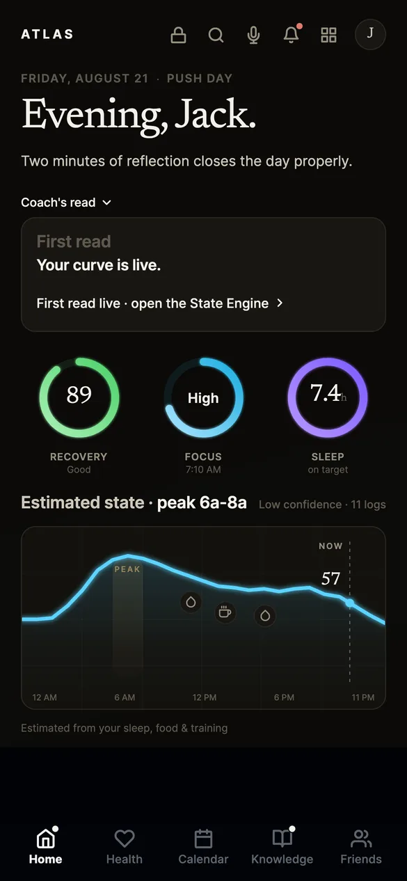 Home dashboard in the evening: recovery 89, focus high, sleep 7.4 hours on target, and the day's state curve with the now marker in the late evening.