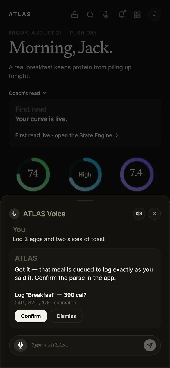 ATLAS Voice sheet: a typed request to log three eggs and two slices of toast, answered with a parsed 390-calorie breakfast waiting on a Confirm button.